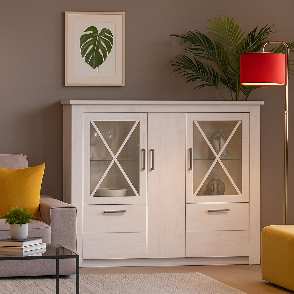 Сучасний довгий білий комод вітрина 3Д2В зі склом для посуду у вітальню прованс Джорджіа Мебель Сервіс