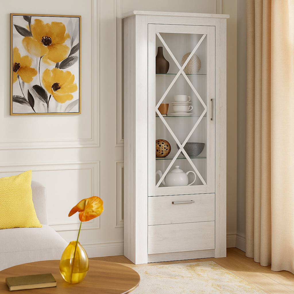 Класика біла скляна пенал вітрина 1Д1В для посуду у вітальню, зал прованс Джорджіа Мебель Сервіс, фото 1