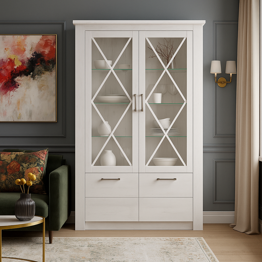 Біла стильна шафа вітрина сервант 2Д2В для посуду у вітальню зал прованс Джорджіа Мебель Сервіс