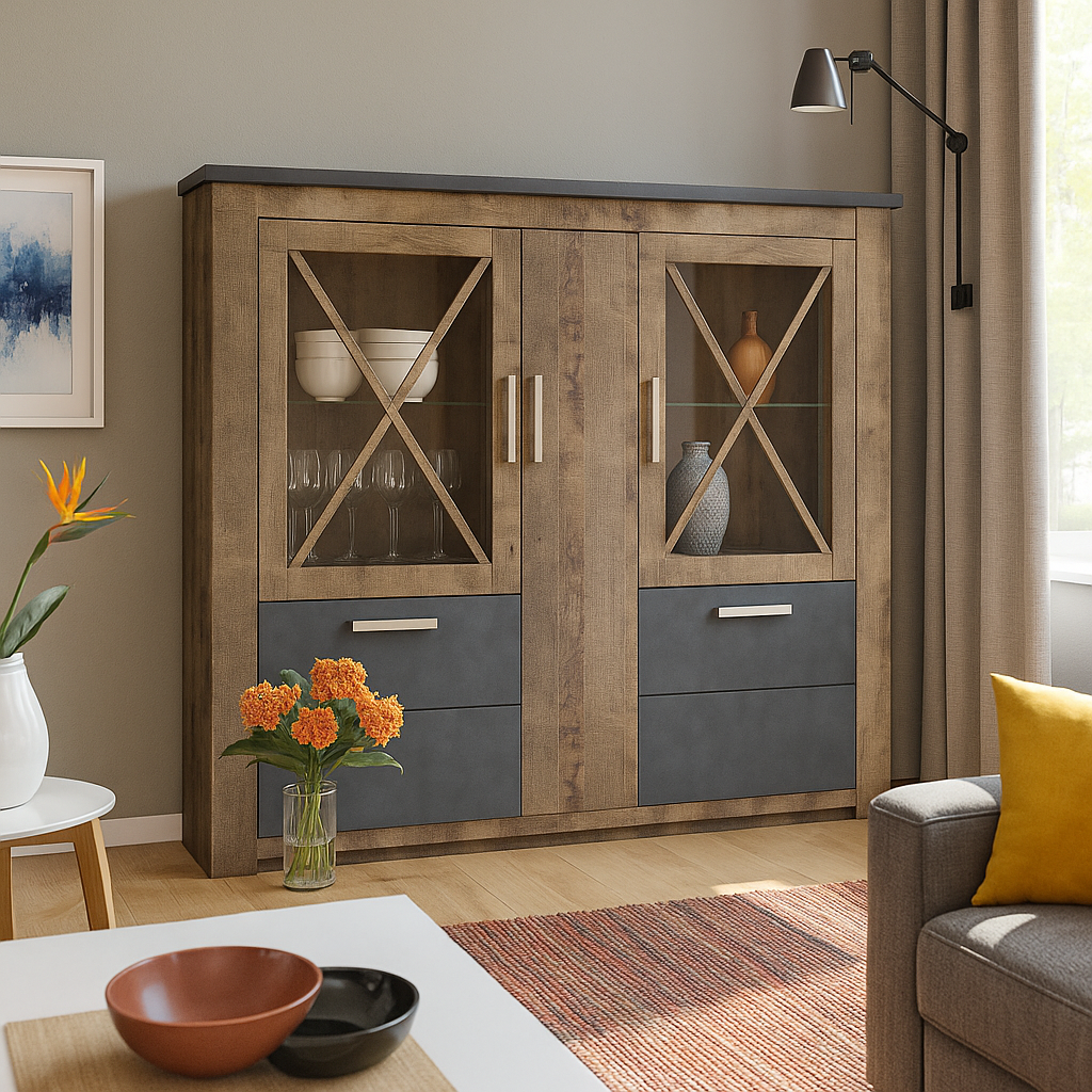 Сучасний довгий комод вітрина 3Д2В зі склом для посуду у вітальню прованс Джорджіа Мебель Сервіс