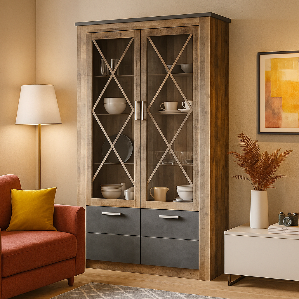 Сучасна стильна скляна шафа вітрина 2Д2В, сервант для посуду у вітальню, зал Джорджіа Мебель Сервіс, фото 1