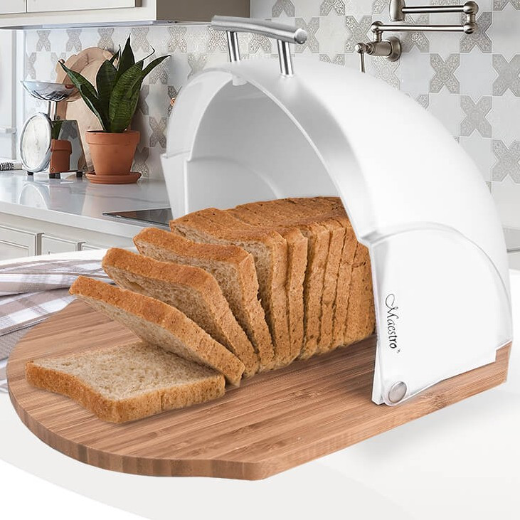 Хлібниця з дерев’яною основою Maestro, 37×21,5×39,5 см, біла — стильне та безпечне зберігання хліба, фото 1