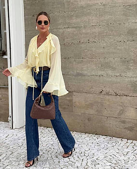 Жіноча шифонова блуза з рюшами 42-46 Лимонний