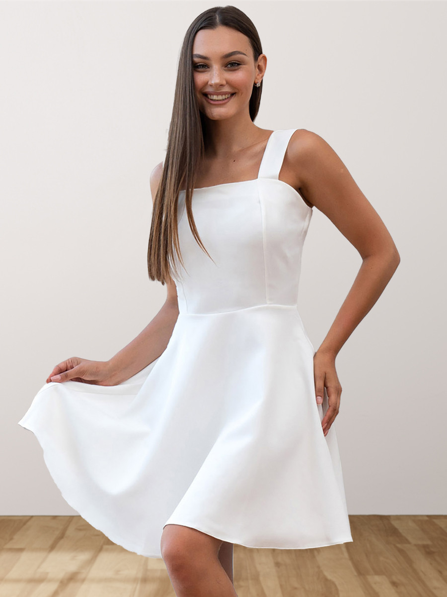Коктейльне молодіжне коротке плаття-міні на широких бретелях, молочно-біле, фото 1