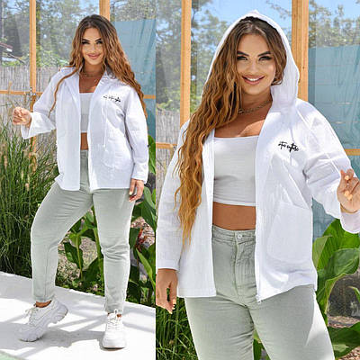 Жіноча лляна вітровка батал з капюшоном та кишенями на блискавці 48-58