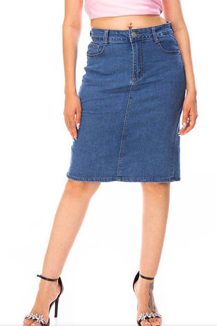 Джинсова спідниця жіноча класична, довжина до коліна, високий пояс повномірні розміри від 46 до 50, фото 1