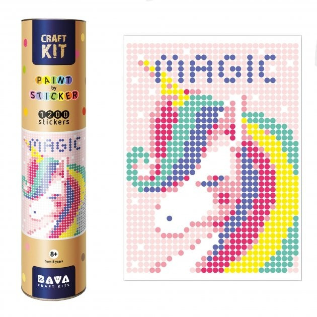 Картина по номерам з наліпками в тубусі "Єдиноріг", 33х48см, 1200 стікерів.