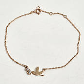 Браслет золотий на руку тонкий ланцюжок з підвіскою птахом і білими фіанітами 16-19 см