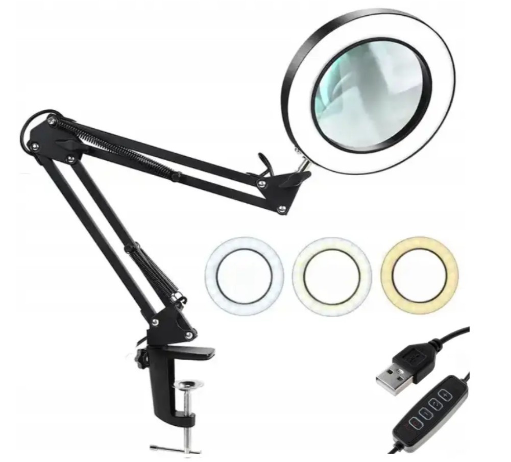Лампа лупа настільна косметична LED FS-055 8-кратне збільшення зі струбциною скло 12W чорна 50см регульоване світло 3 режими, фото 1