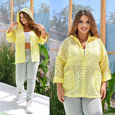 Жіноча літня вітровка батал з прошви з капюшоном і кишенями на блискавці 48-58