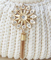 Декоративна брошка на сумку на вусиках Сонця золотого кольору 120*55 мм