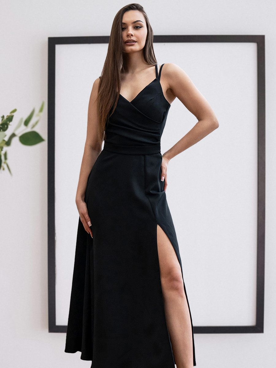 Романтичне довге вечірнє плаття на бретелях з розрізом, чорне, фото 1