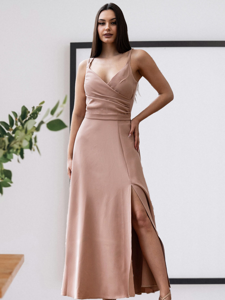 Романтичне довге вечірнє плаття на бретелях з розрізом, бежеве, фото 1