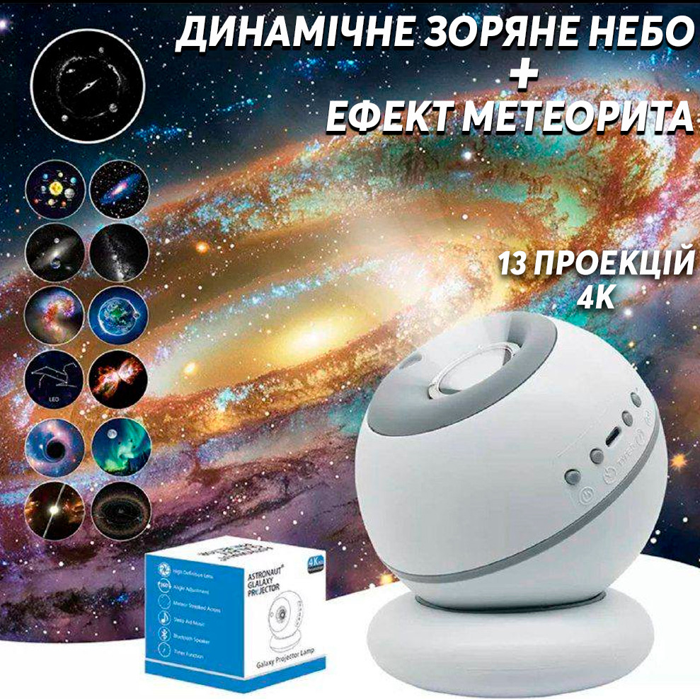 Проектор зоряного неба з ефектом Метеорита + 13 проекцій 4К космосу UFT з колонкою Bluetooth Нічник Білий, фото 1