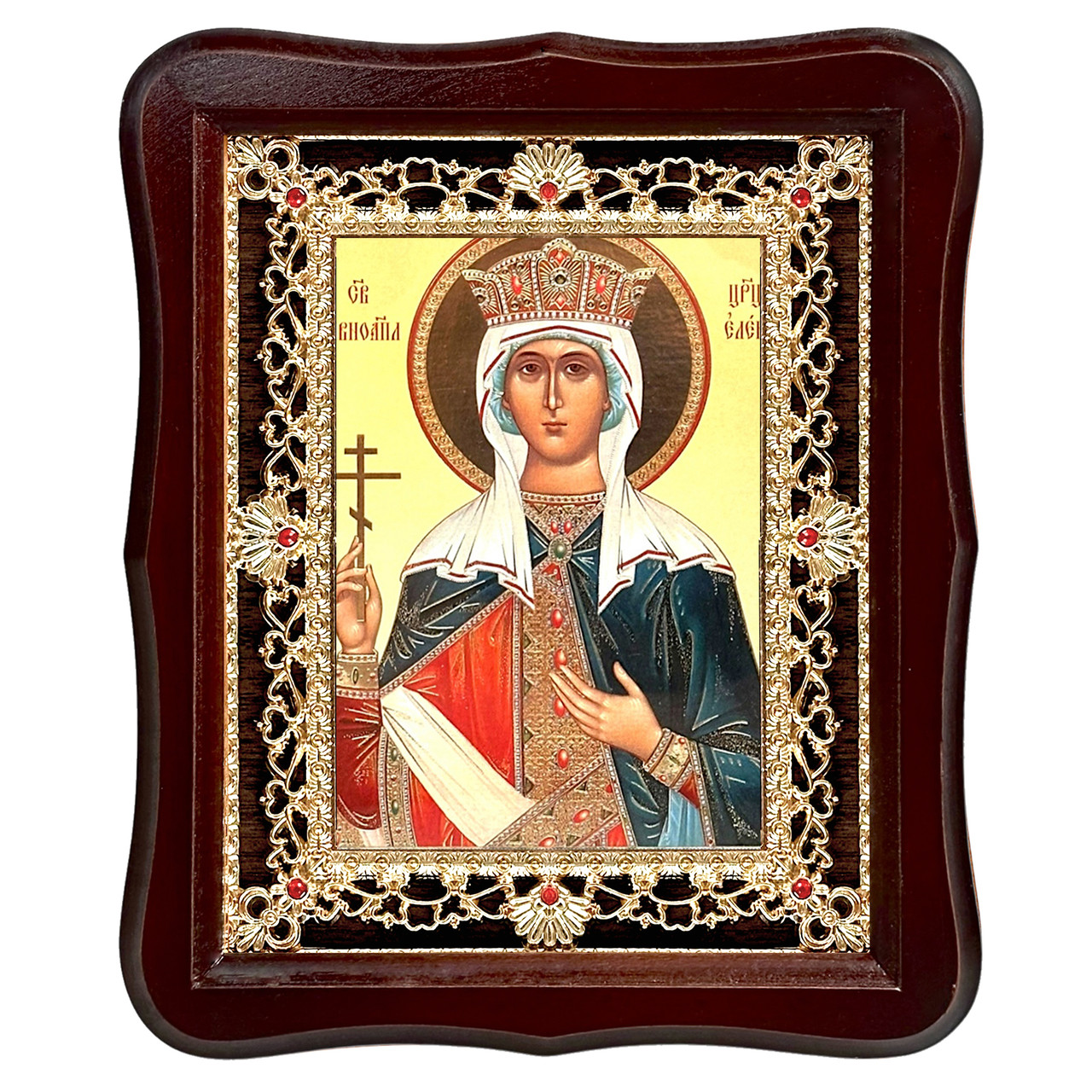 Ікона Олена свята рівноапостольна цариця, лик 15х18 см, у темному дерев'яному кіоті з камінням, фото 1