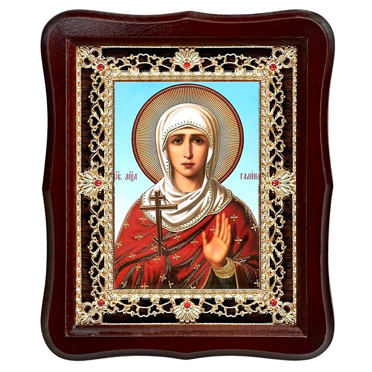 Ікона Галина свята мучениця, лик 15х18 см, у темному дерев'яному кіоті з камінням, фото 1