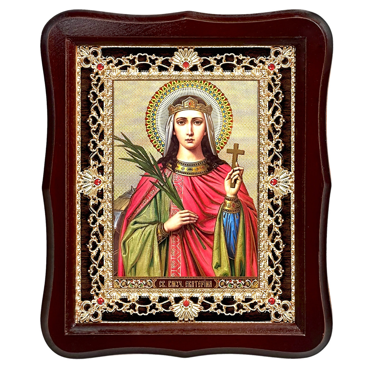 Ікона Катерина свята великомучениця, лик 15х18 см, у темному дерев'яному кіоті з камінням, фото 1