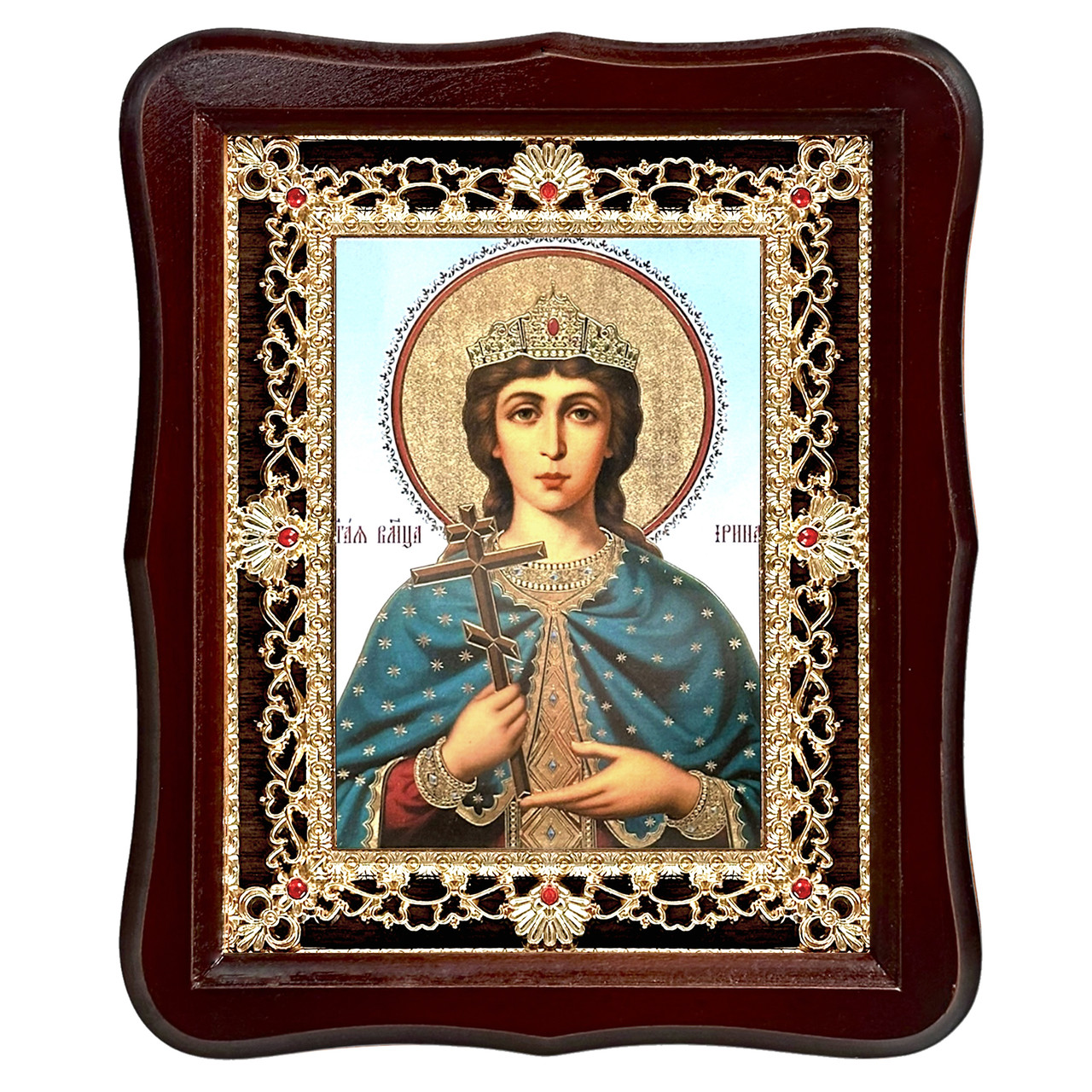 Ікона Ірина свята великомучениця, лик 15х18 см, у темному дерев'яному кіоті з камінням, фото 1