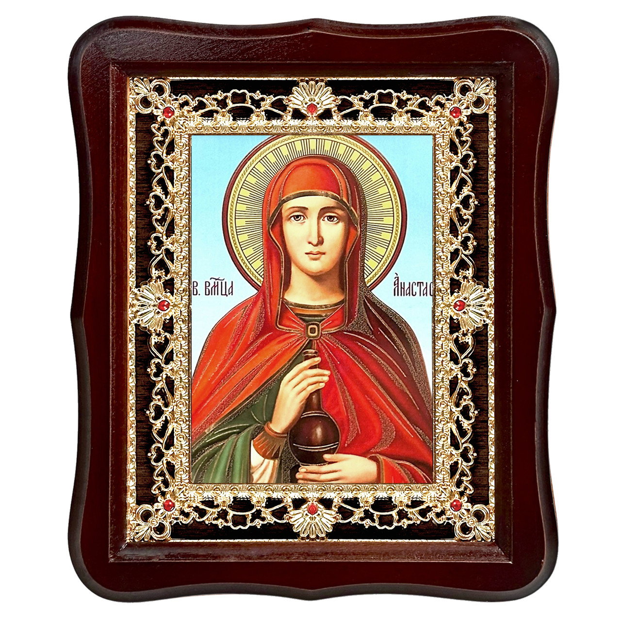 Ікона Анастасія свята великомучениця, лик 15х18 см, у темному дерев'яному кіоті з камінням, фото 1