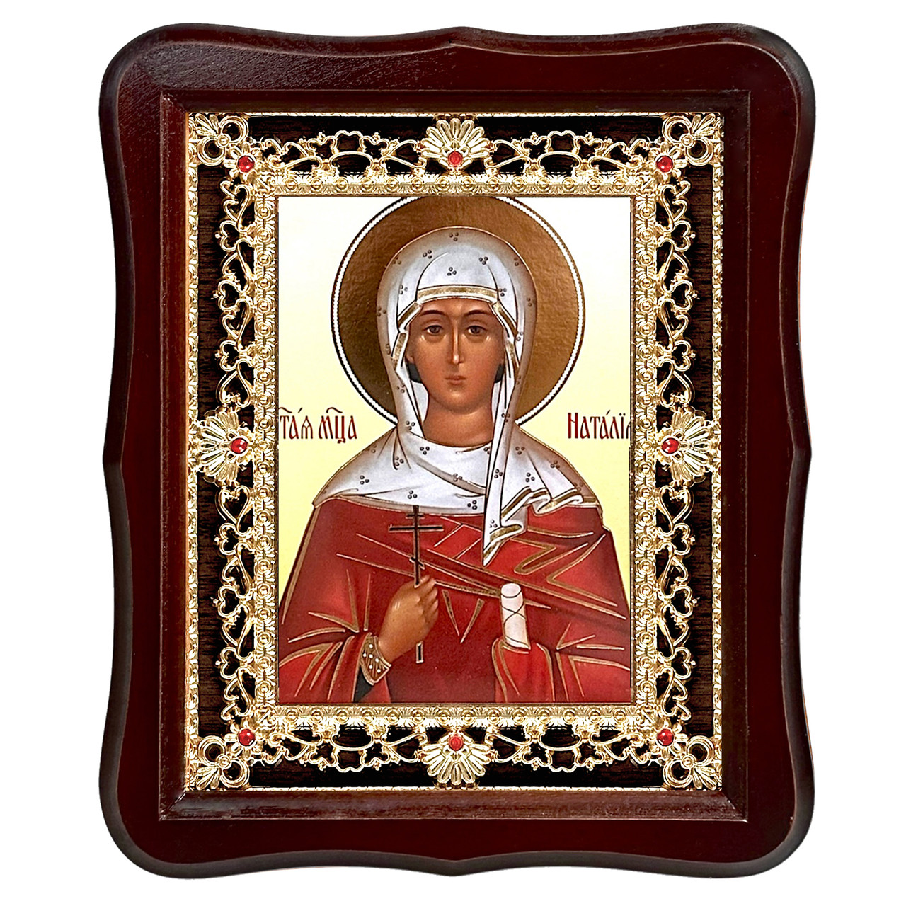 Ікона Наталія свята мучениця, лик 15х18 см, у темному дерев'яному кіоті з камінням, фото 1
