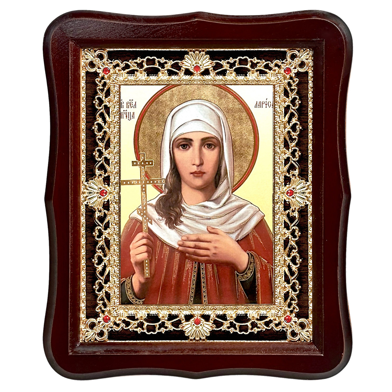 Ікона Лариса свята великомучениця, лик 15х18 см, у темному дерев'яному кіоті з камінням, фото 1