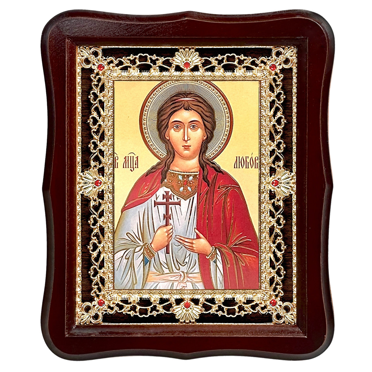 Ікона Любов свята мучениця, лик 15х18 см, у темному дерев'яному кіоті з камінням, фото 1