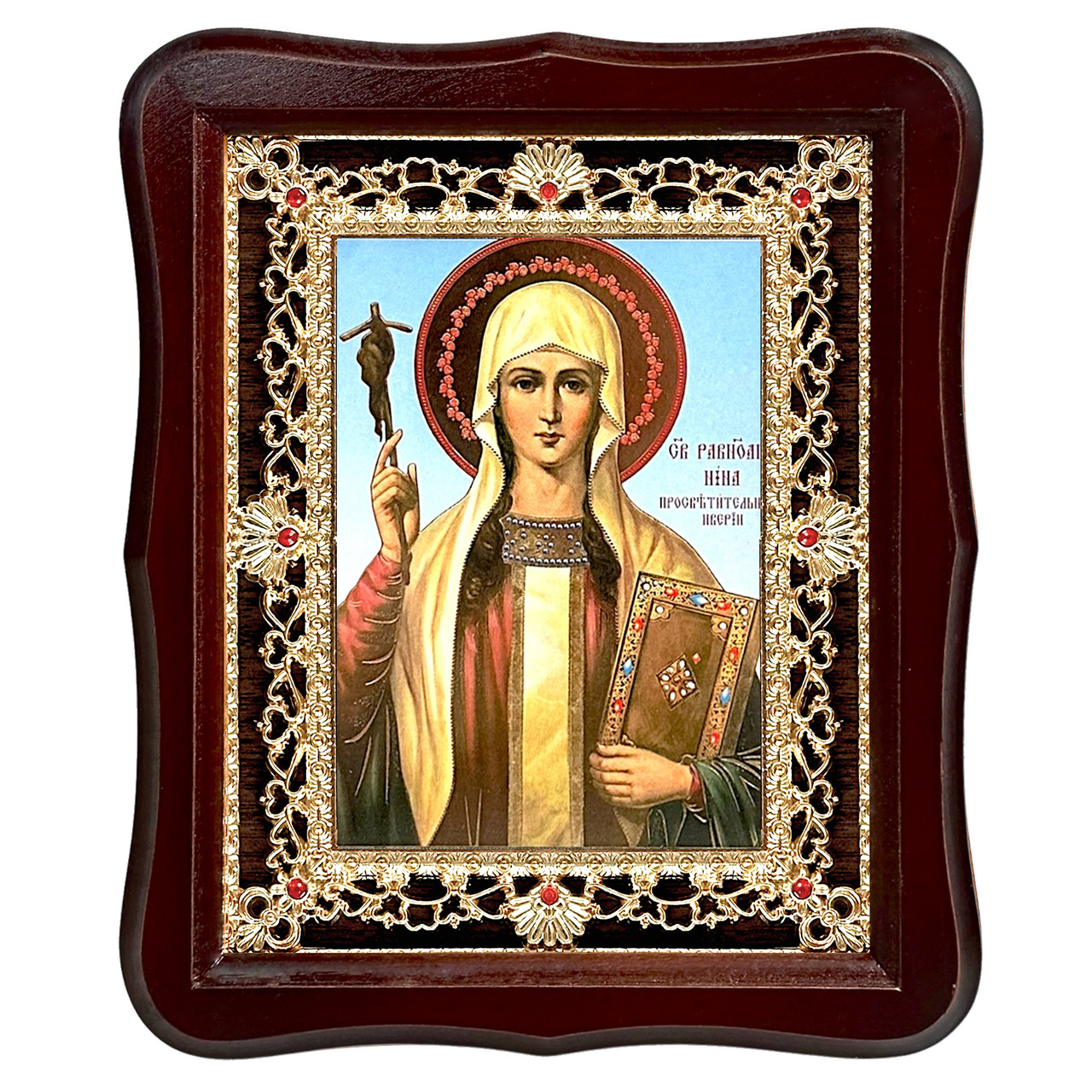 Ікона Ніна свята рівноапостольна, просвітителька, лик 15х18 см, у темному дерев'яному кіоті з камінням, фото 1