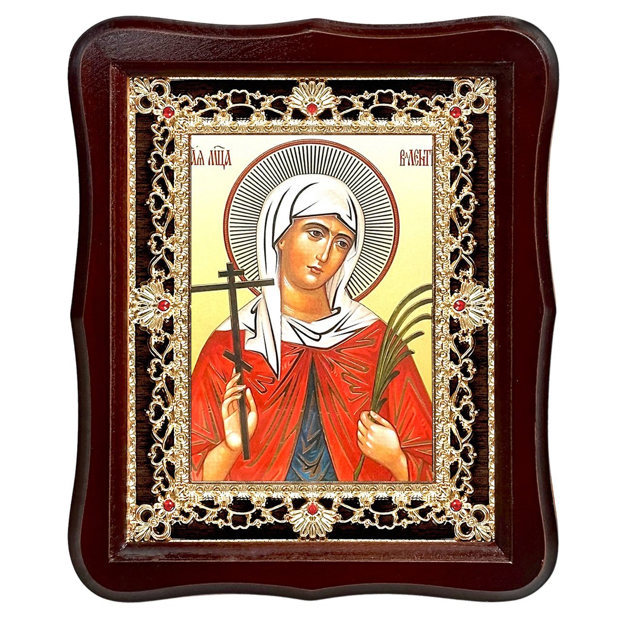 Ікона Валентина свята мучениця, лик 15х18 см, у темному дерев'яному кіоті з камінням, фото 1