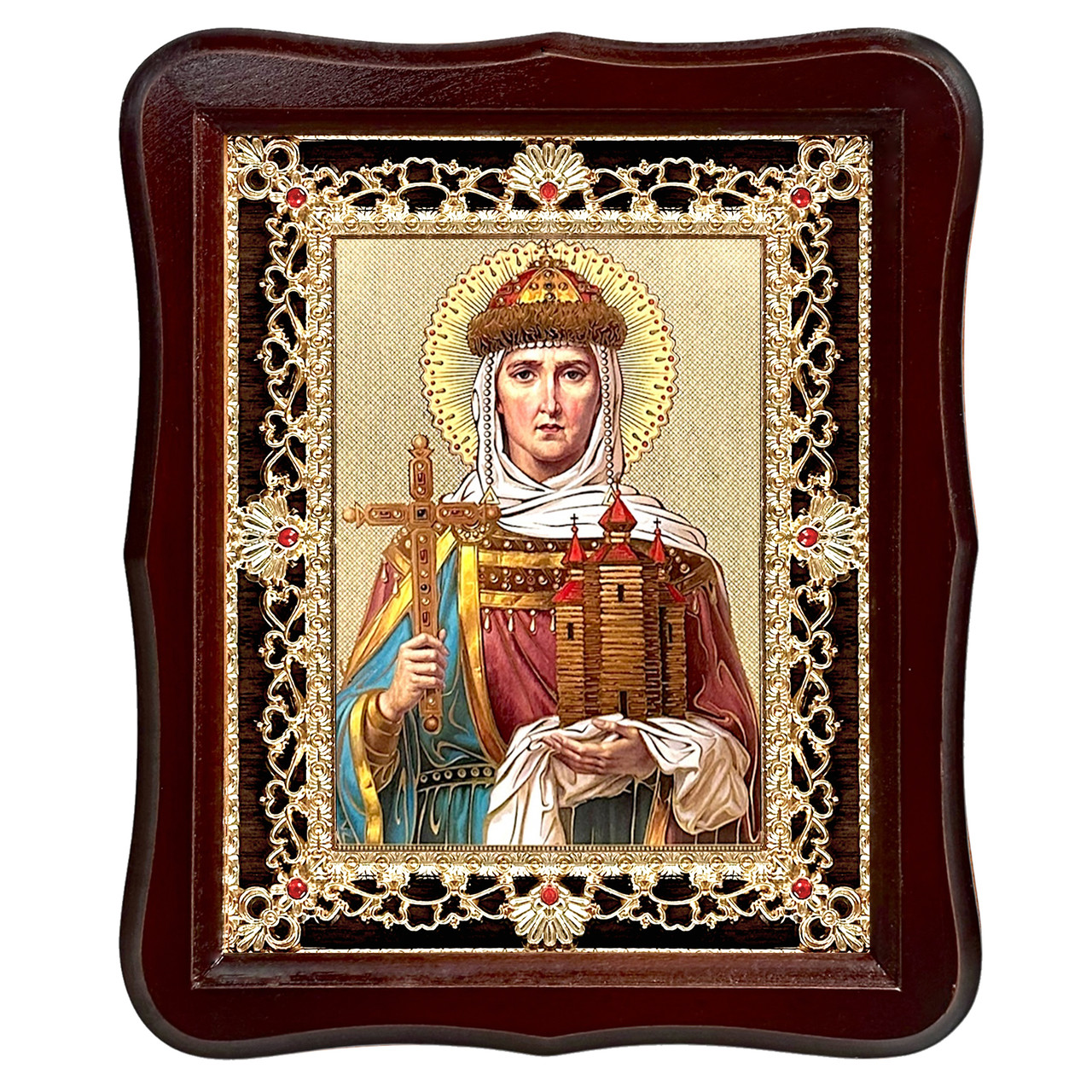 Ікона Ольга свята рівноаппостольна Велика княгиня, лик 15х18 см, у темному дерев'яному кіоті з камінням, фото 1