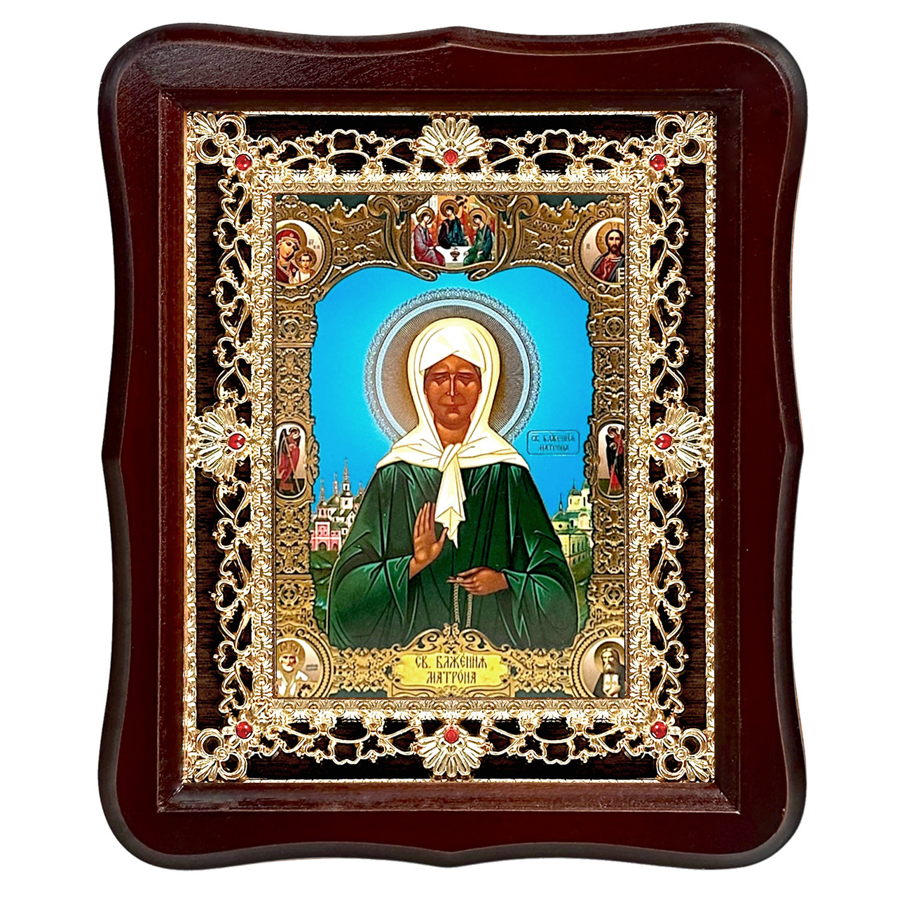 Ікона Блаженна Матрона свята,
лік 15х18 см, у темному дерев'яному кіоті з камінням, фото 1