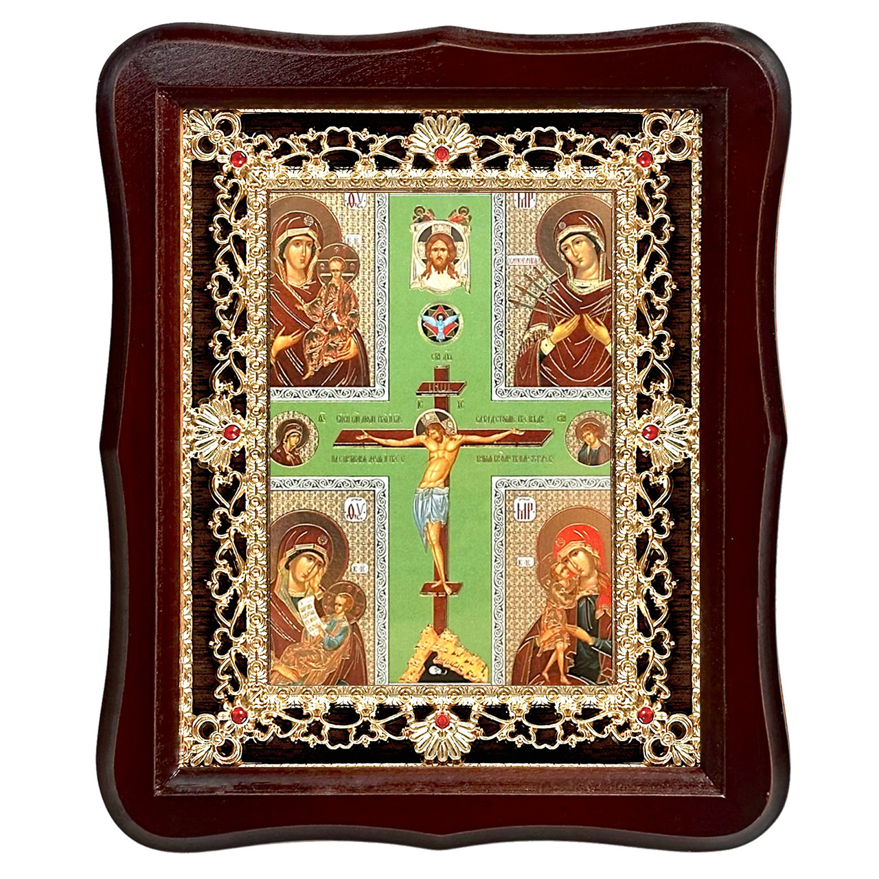 Ікона Чотирьохчасткова, лик 15х18 см, у темному дерев'яному кіоті з камінням, фото 1