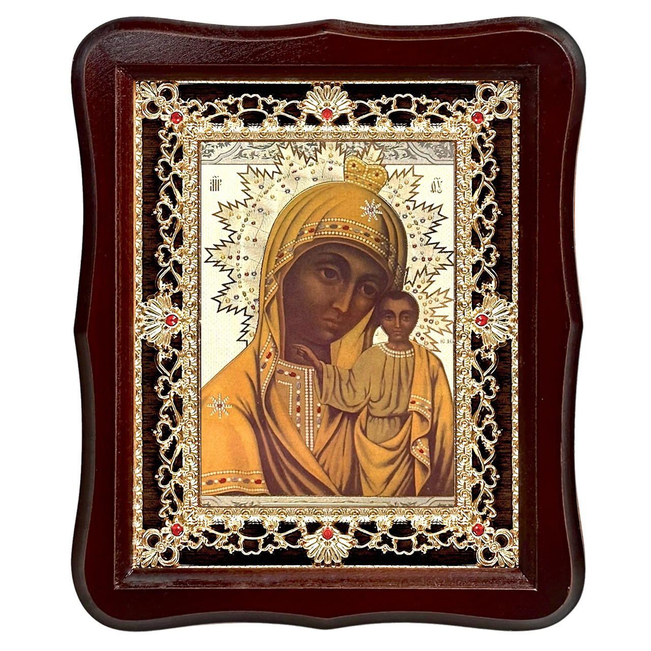 Ікона Табинська Божої Матері, лик 15х18 см, у темному дерев'яному кіоті з камінням, фото 1