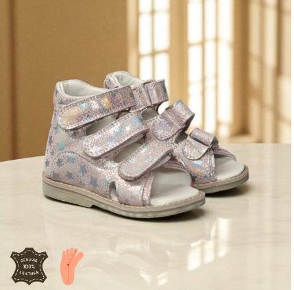 Дитячі рожеві ортопедичні шкіряні антиварусні босоніжки на липучках золотистого кольору 24 розмір, фото 1