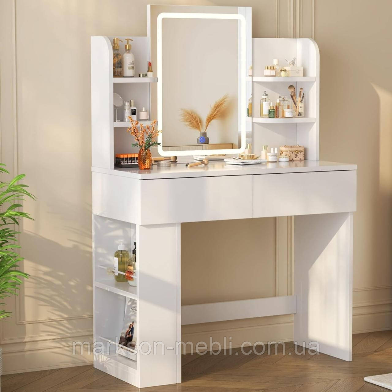 Туалетний столик "Сяйво" зі світлодіодним дзеркалом, з 2 шухлядами, 4 полицям,білий 90*40*135