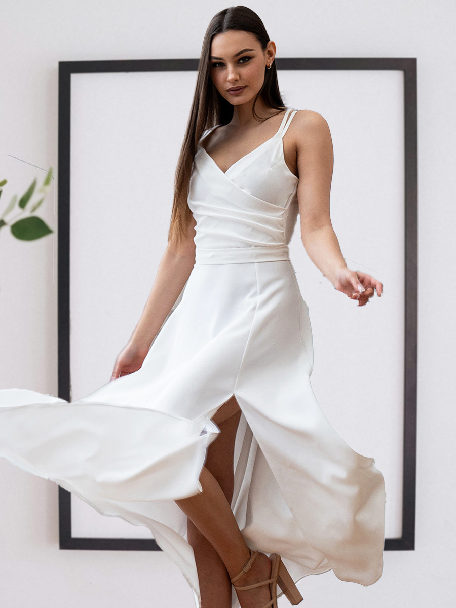 Вечірнє елегантне довге вечірнє плаття на бретелях, молочно-біле, фото 1