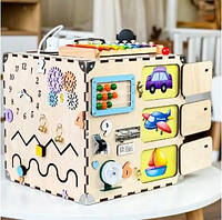 Детский бизикуб деревянный 30х30х30см Развивающий бизиборд для детей девочки мальчика Бизи куб от 6 мес