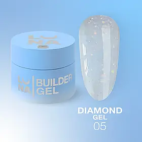 Гель Diamond Gel LunaMoon з блискітками №5 (Снігове сяйво), для вирівнювання та нарощування нігтів, 15 мл.