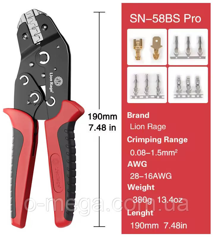 Кліщі SN-58BS Pro для опресування розрізних наконечників 0.08-1.5 мм² 28-16AWG, фото 1