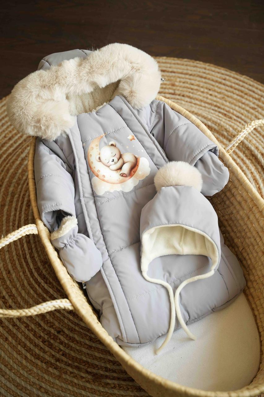 Зимовий дитячий теплий комбінезон для новонародженого з шапочкою 0-6 міс комбінезон-мішечок на виписку