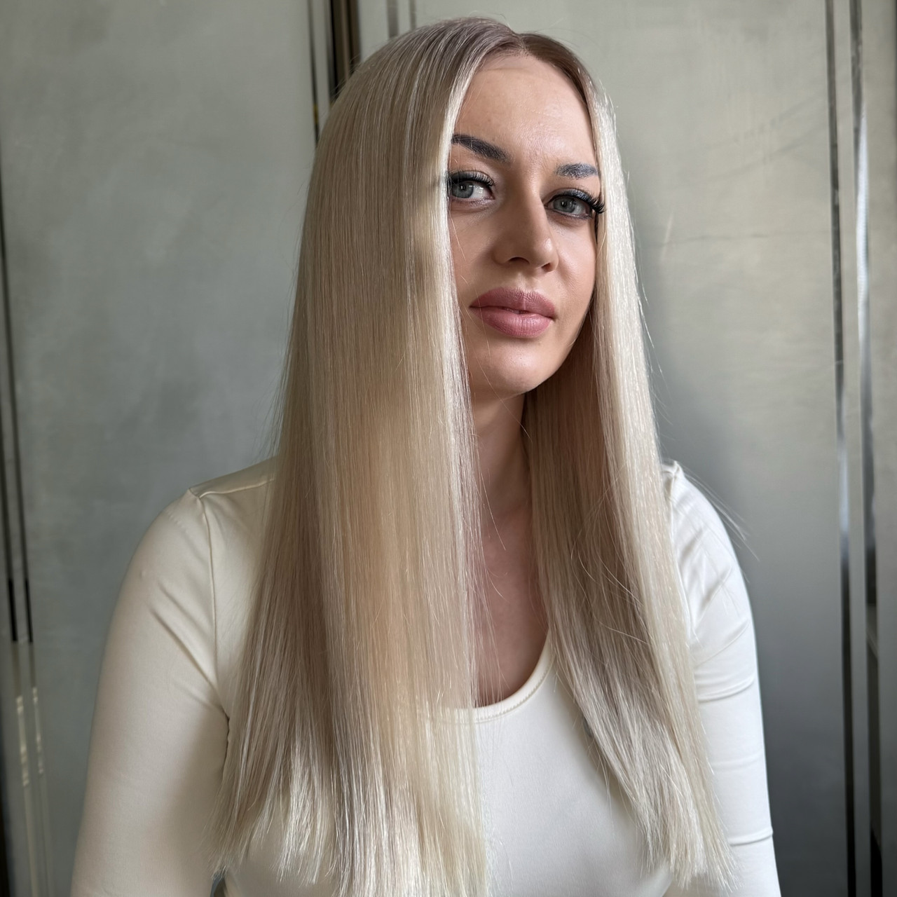 Система заміщення волосся блонд платиновий, перука натуральна на повній сітці з імітацією шкіри густе волосся, фото 1