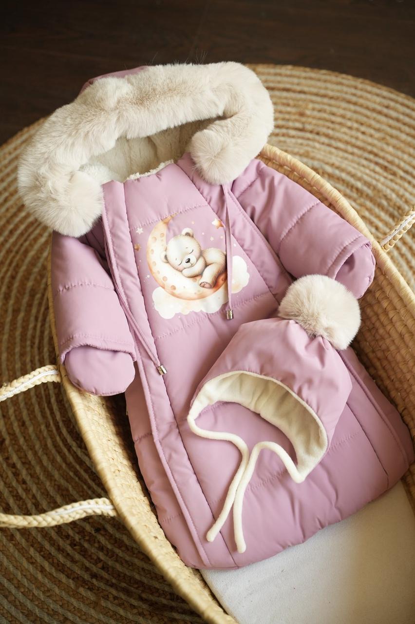 Зимовий дитячий теплий комбінезон для новонародженого з шапочкою 0-6 міс комбінезон-мішечок на виписку