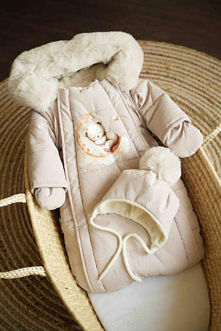 Зимовий дитячий теплий комбінезон для новонародженого з шапочкою 0-6 міс комбінезон-мішечок на виписку, фото 1