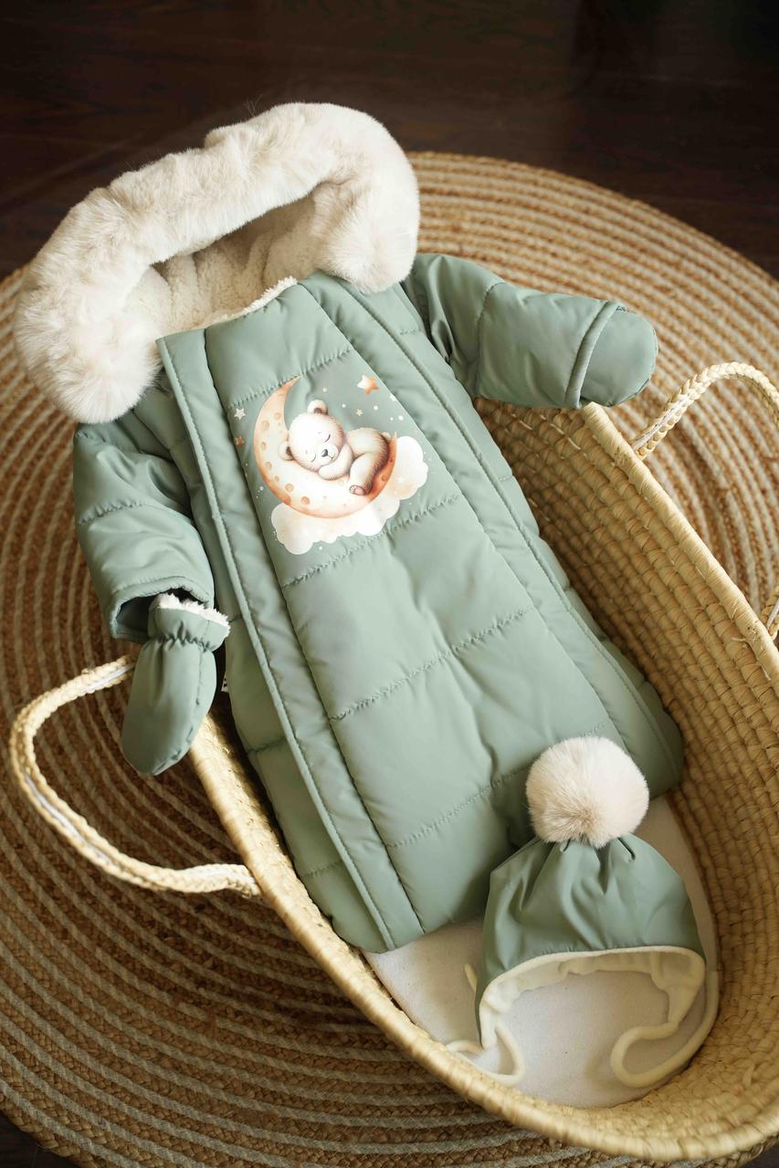 Зимовий дитячий теплий комбінезон для новонародженого з шапочкою 0-6 міс комбінезон-мішечок на виписку