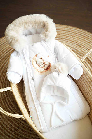Зимовий дитячий теплий комбінезон для новонародженого з шапочкою 0-6 міс комбінезон-мішечок на виписку, фото 1