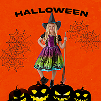 Детское платье со шляпой Ведьма на Хеллоуин размер М 7-10 лет фиолетово-зеленое