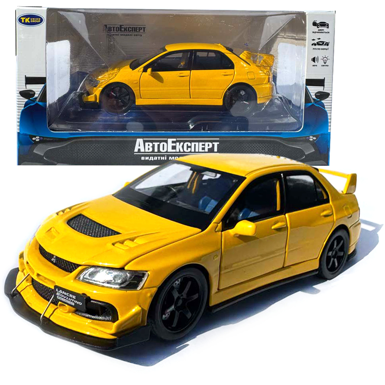 Машинка метал Mitsubishi Lancer Evolution IX жовта 1:32 світло звук інерція відч двері баг капот 15*5,5*4,5см (TK-20651), фото 1
