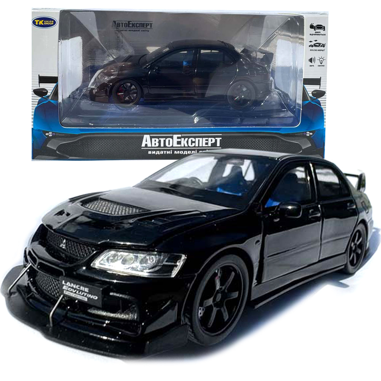 Машинка метал Mitsubishi Lancer Evolution IX чорна 1:32 світло звук інерція відч двері баг капот 15*5,5*4,5см (TK-20651), фото 1