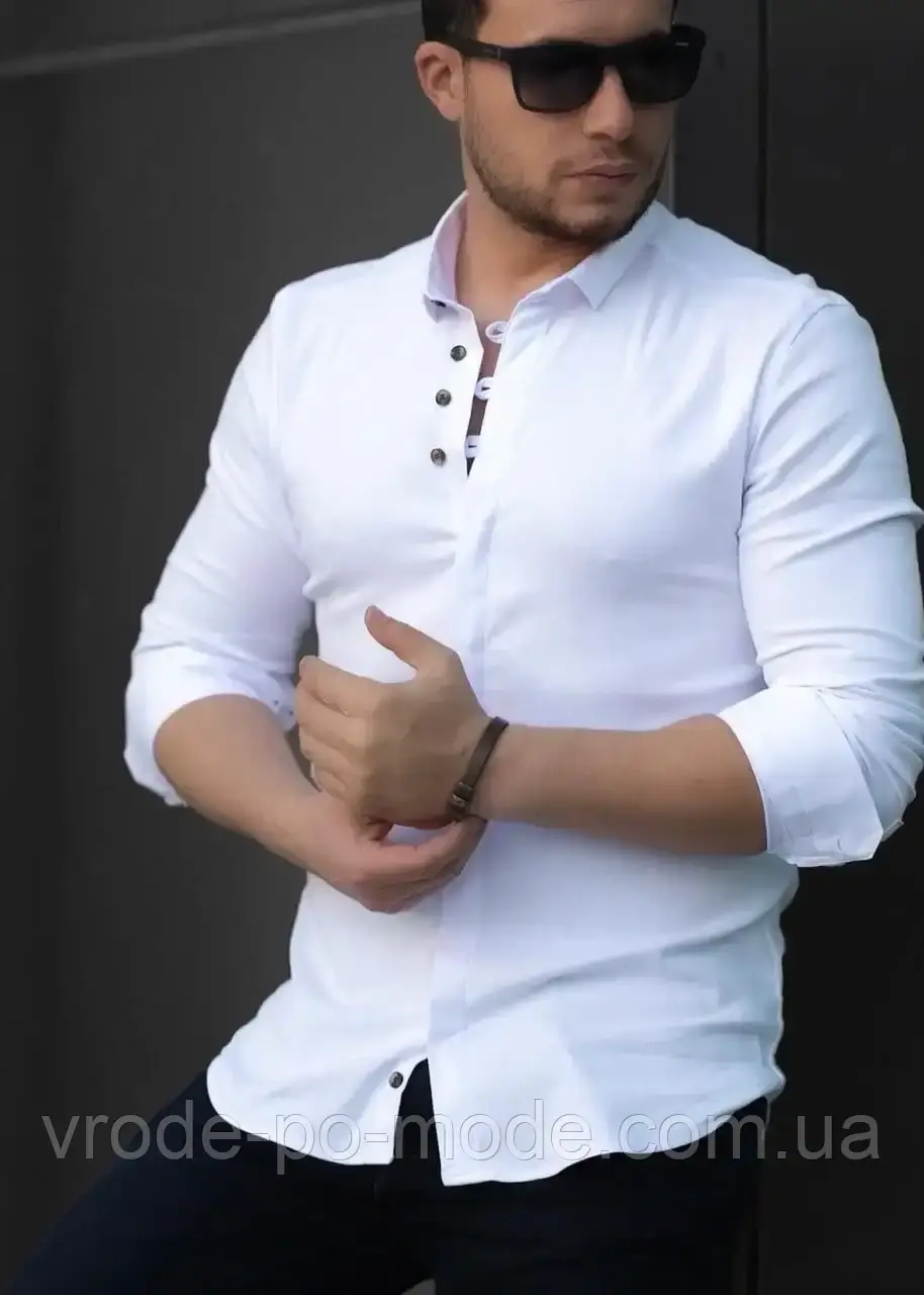 Модна біла сорочка базова для чоловіків, стильна приталена бавовняна з довгим рукавом, Туреччина, великий асортимент