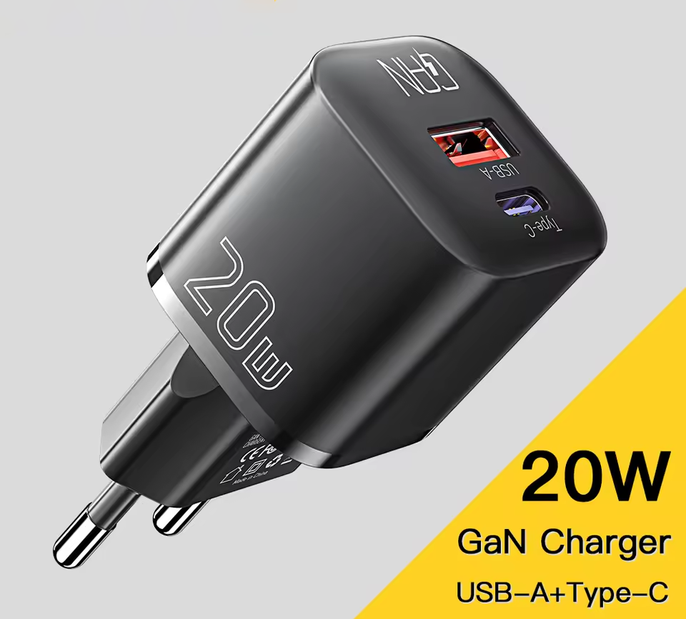 Зарядний пристрій ESSAGER GAN 20W USB-C+USB-A Black USB-C+USB-A Black, фото 1