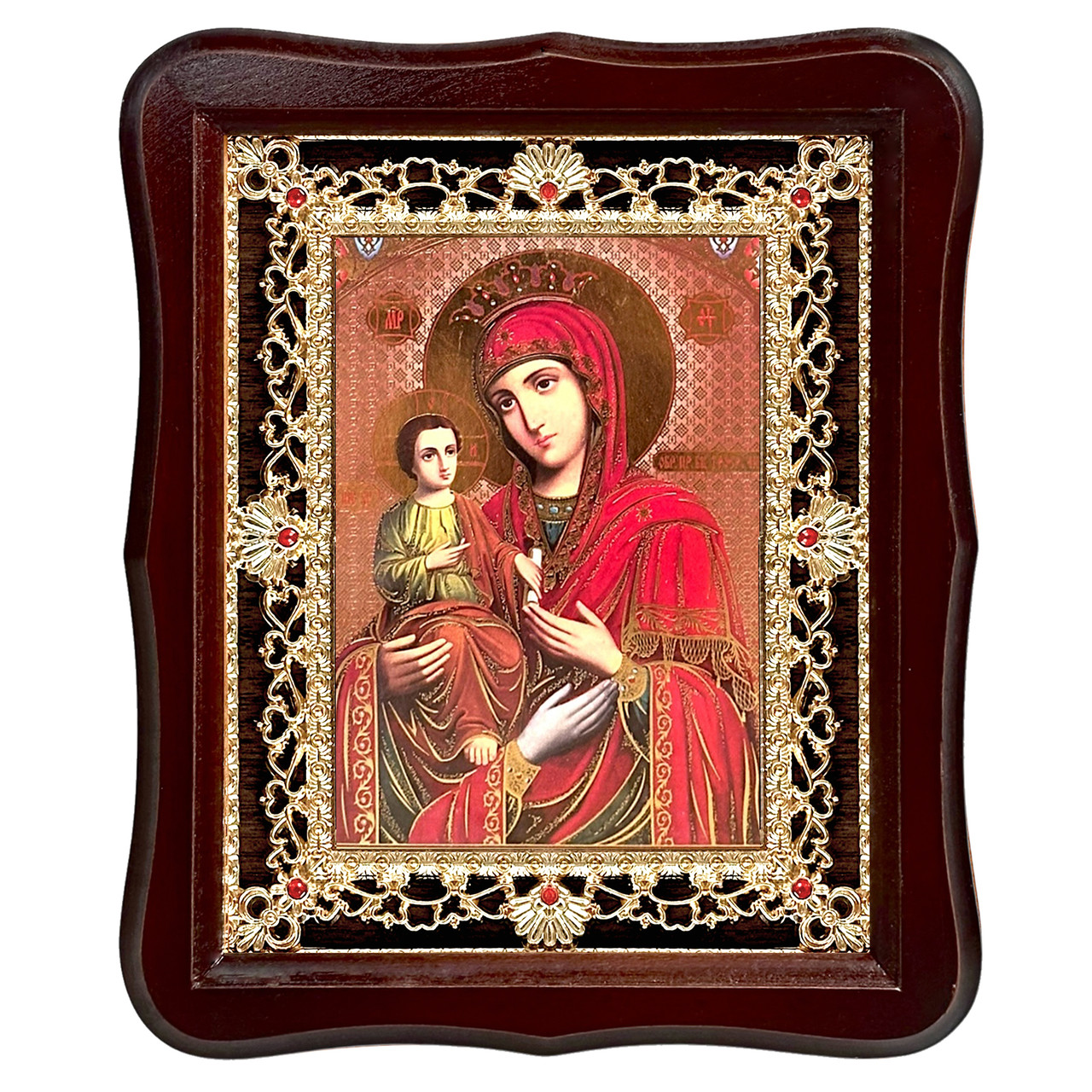 Ікона Троєручиця Пресвята Богородиця, лик 15х18 см, у темному дерев'яному кіоті з камінням, фото 1